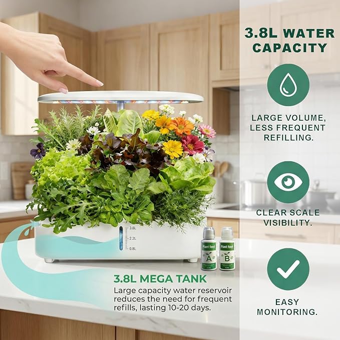 Hydroponics Growing System Kit Soil-Free Indoor Herbs Garden 12 Pods Plant Growth Equipment with 24W Full Spectrum LED Grow Light Smart Silent Cycle Water Pump 3.8L Tank for Gardening