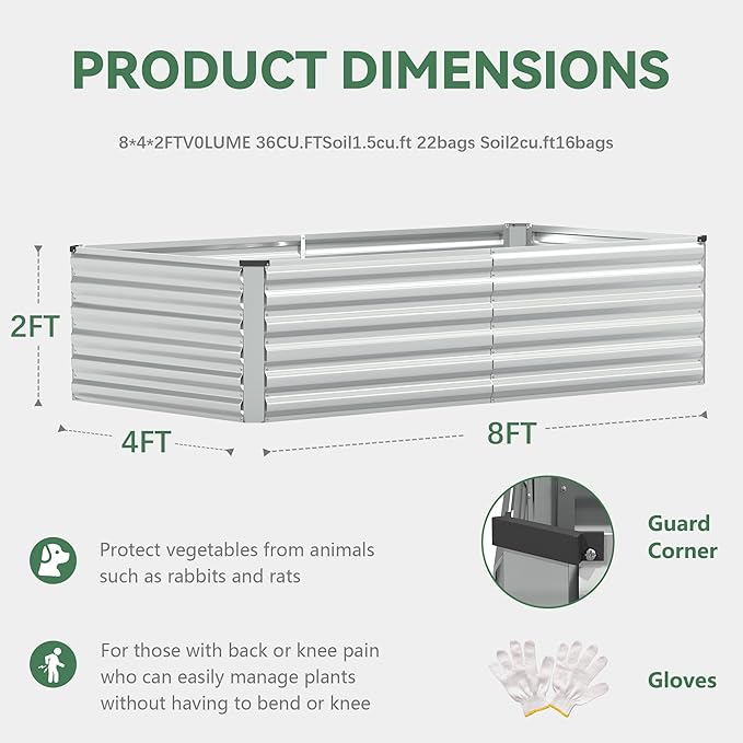 FOOWIN 2pcs 8x4x2ft Galvanized Raised Garden Bed Planter Raised Garden Boxes Outdoor Large Metal Raised Beds for Gardening Garden Bed for Vegetables Flowers Herb478 Gallon Capacity Silver