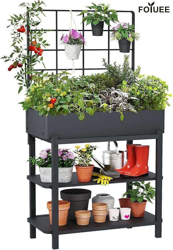 Metal Raised Garden Bed with Trellis &amp 2-Tier Storage Shelf Elevated Planter Box with Legs -Includes 3 Flower Pots Outdoor Vertical Garden for Vegetables Herbs Climbing Plants Patio Balcony