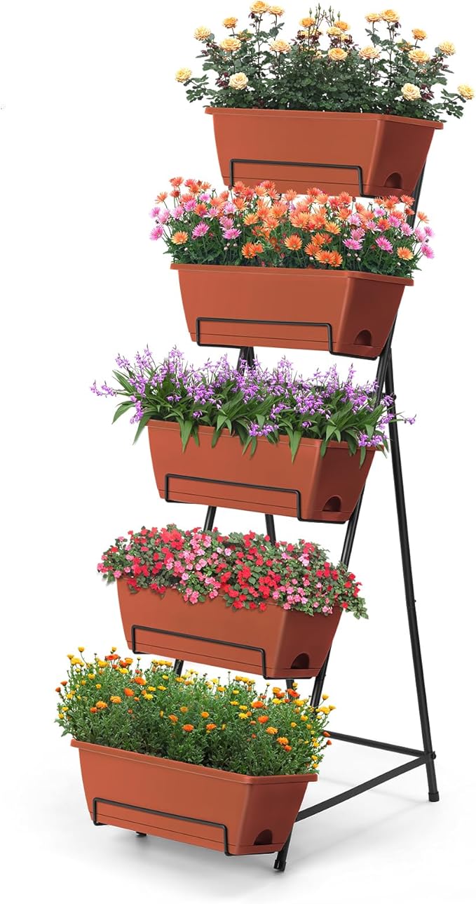 5 Tier Vertical Raised Garden Bed Planter Box Vertical Raised Bed with Drainage Holes for Indoor Outdoor Herbs Flowers Vegetables Plants Red