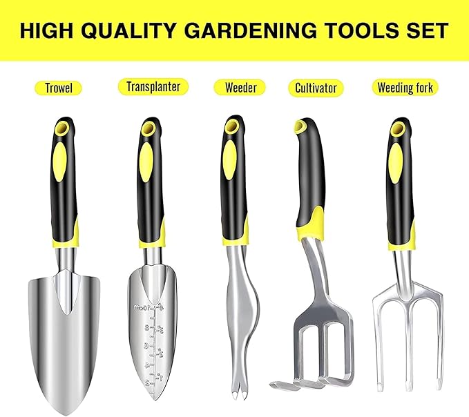 DINGFAN Gardening Tools 5 Piece Gardening Tools Set Aluminum Garden Hand Tools Kit Shovel Transplant Trowel Rake Cultivator Weeding Fork Weeder for Gardener