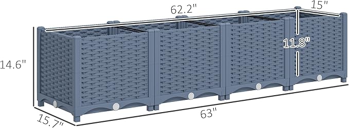 Outsunny 5 x 1 x 1 ft Raised Garden Bed Indoor Outdoor Plastic Planter Box with Drainage Holes Drain Plugs and Water Reservoirs for Vegetables Herbs Flowers &amp Succulents Blue