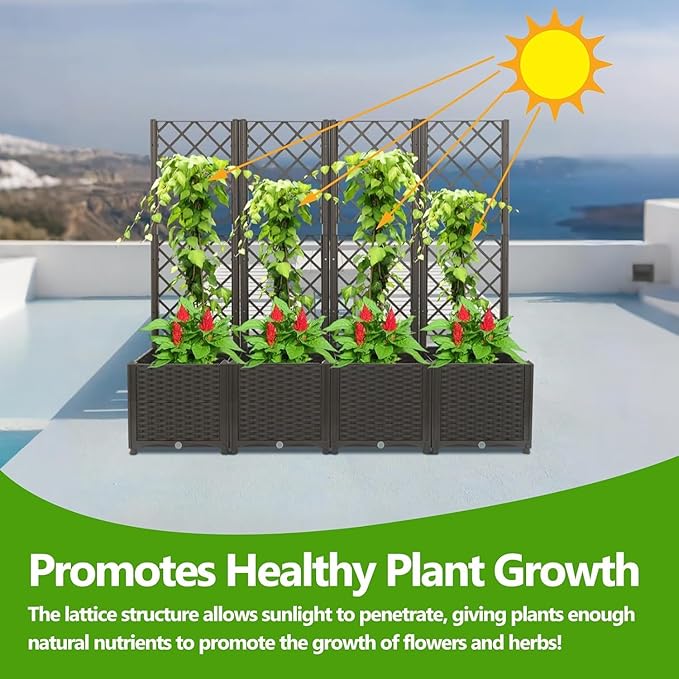 4 PCS Plastic Plant Box with Trellis Raised Garden Bed with Trellis Multifunctional Privacy Screen Planter for Climbing Plant Patio Balcony Backyard 63x16x56