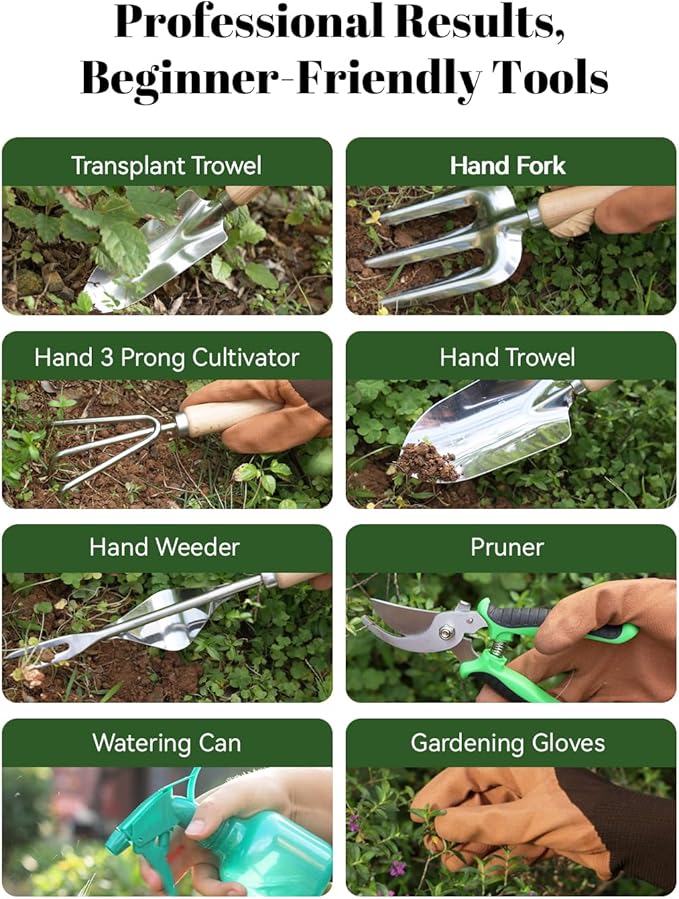 VerdantVibes 9-Piece Garden Tool Set - Heavy Duty Gardening Hand Tools with Ergonomic Non-Slip Grips Rust-Resistant Shovel Trowel Rake Pruner &amp Storage Bag - Ideal Gardening Gifts for Women