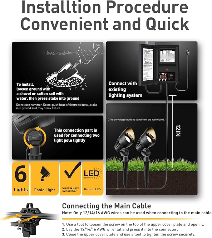 GOLDEN STAR Low Voltage Landscape Lights 5W 400 Lumen 2700K Warm White Outdoor LED Spotlights 12V Flood Lighting with Connector and Stake 8401-2650-G06