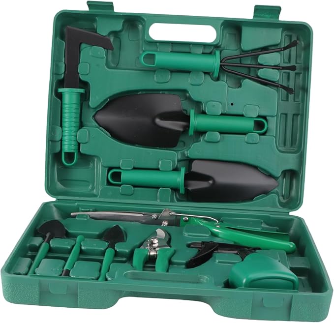 SUPVOX -1 Garden Tool Kit 10 Pcs Set with Case Shovel Rake Hoe Weeder Spade Pruning Shears Sprayer for Mom