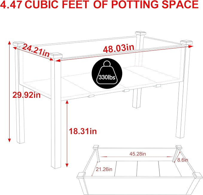 48x24x30 in Raised Garden Bed with Legs Outdoor Elevated Wood Planted Box with Liner &amp Drainage Hole for Vegetable Flower Backyard and Patio Rustic