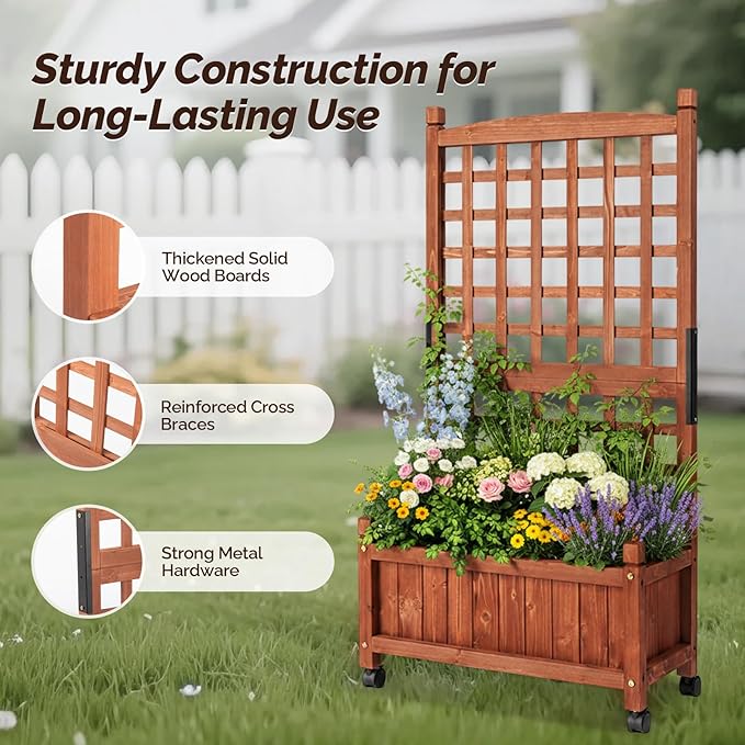 VINGLI 2PC Wooden Planter with Trellis 50 Height Elevated Garden Beds Outdoor with Wheels FreeStanding Planter Box with Drainage Holes for Flower Vegetable Fruit Herb in Garden Patio Balcony