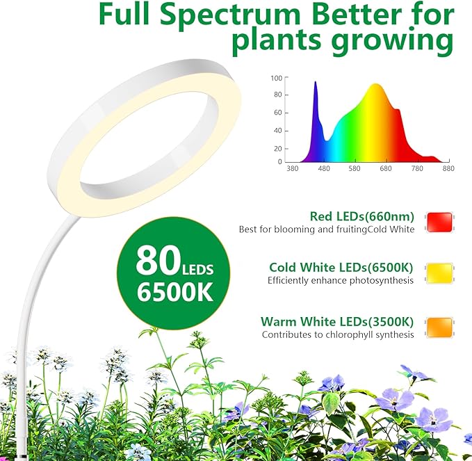 One Head Grow Light for Indoor Plants Full Spectrum - Floor Standing Plant Lamp with Auto Timer 6/12/18H 5-Level Dimmable &amp Adjustable Height 16.5-68in for Large Tall Plants | White
