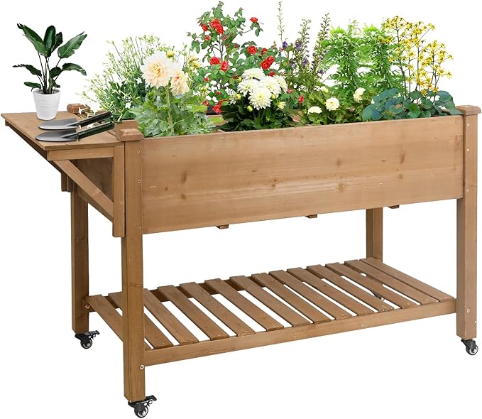 Raised Garden Bed with Wheels Wood Elevated Garden Box with W-Connection Tabsfor Vegetable Flower Herb Large Storage Shelf Easy to Assemble 55.5x24x32in