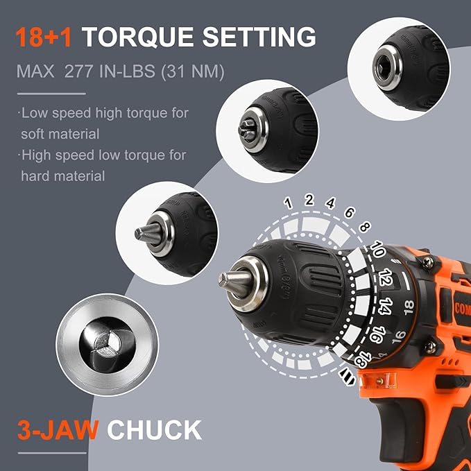 COMOWARE Cordless Drill Set 12V Power Drill with Battery &amp Charger 3/8 Keyless Chuck 23Pcs Driver Bits Orange Storage Bag included