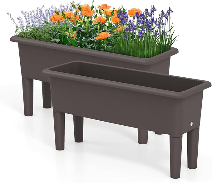 Raised Garden Bed Set of 2 31.5 x 12 x 16 Self-Watering Planter Box w/Removable Legs &amp Drainage Holes Plastic Rectangular Garden Bed for Flowers Herbs Backyard Patio Balcony (Coffee)
