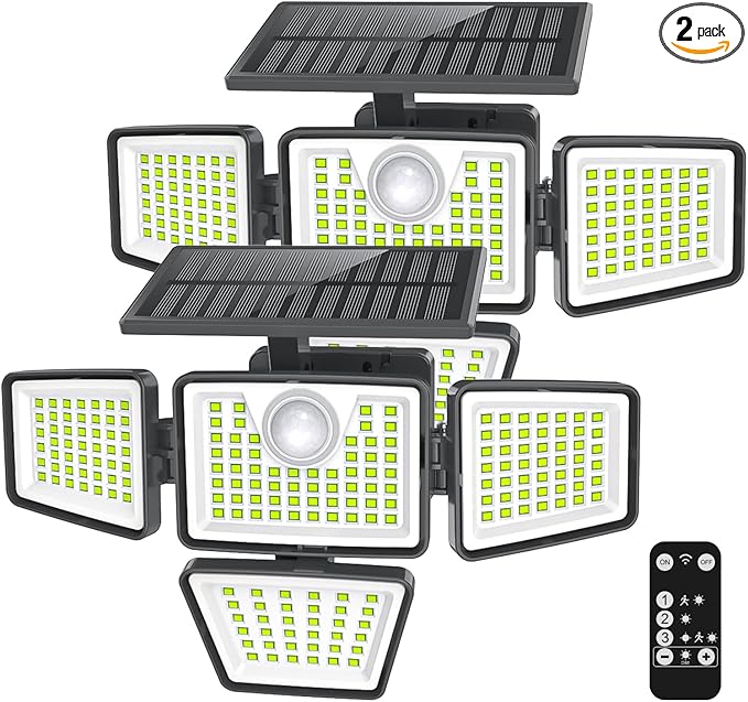 3000LM Solar Lights Outdoor with Motion Sensor4 Head 270° Wide Angle Street Area LightsIP65 Waterproof Security Lighting with 3 Modes(Remote2 Pcs)