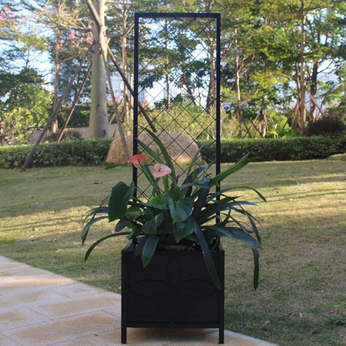 Zhongma 15.75 x 15.75 x 55 in Raised Garden Bed with TrellisHeavy Duty Plant Box for Climbing Plants with Drainage Hole Metal Lattice Planter Gardon Box with Inner Fabric Liners.
