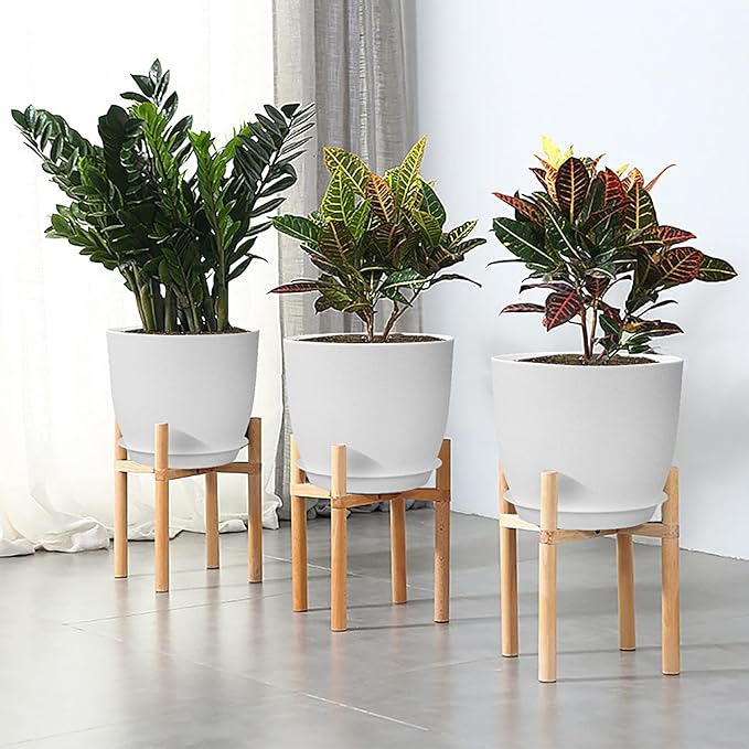 WOUSIWER Plant Pots 10/9/8 inch Set of 3 Modern Decorative Plastic Planters with Drainage Holes and Saucers for House Plants Indoor Flowers Plants White