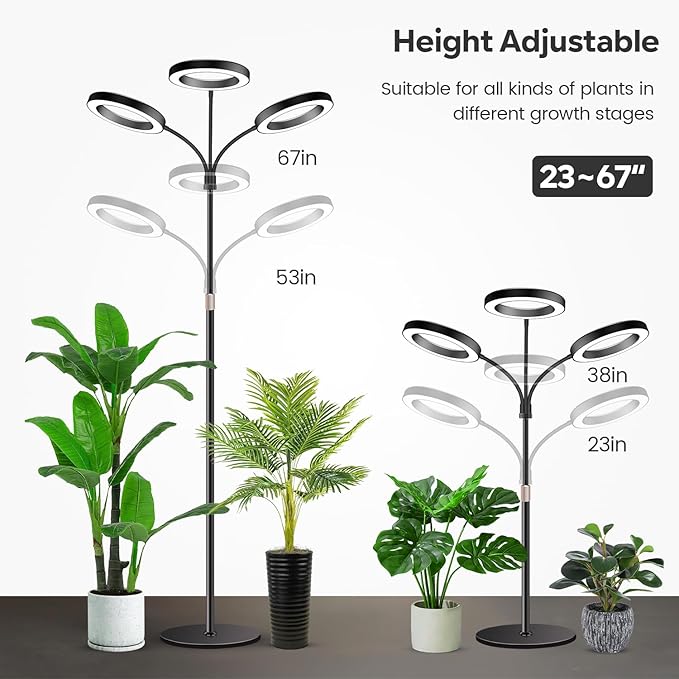 Garpsen Halo Floor Grow Light Three-Head Full Spectrum LED Plant Light with Base 5 Dimmable Levels &amp Timer 6/12/16H 3 Color Modes Grow Lamp with 252 LEDs 67''Height Adjustable for Large Plants