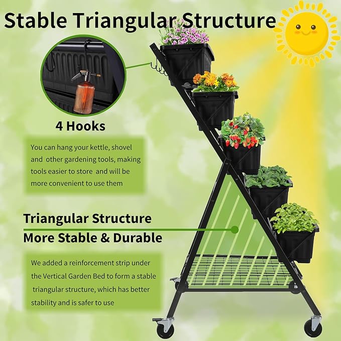 Homdox 4FT Vertical Garden Bed 5 Tiers Vertical Raised Garden Planter 25.6 * 26 * 48Inch Garden Raised Bed with 4 Hooks &amp 4 Wheels Vegetable Flower Planter Raised Stand Black with Storage Rack