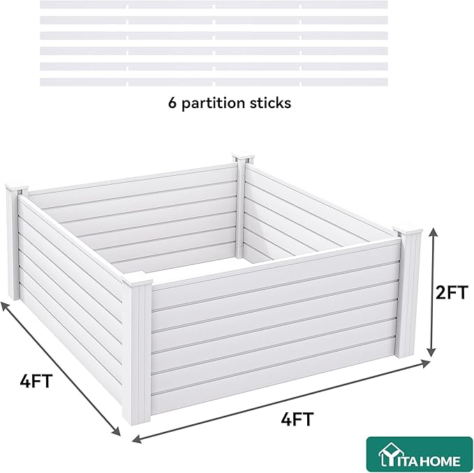 YITAHOME 4x4x2 FT Plastic Raised Garden Bed Kit Large Outdoor Above Ground Planter Box with Growth Grid for Plants Vegetables and Flowers Easy Installation White