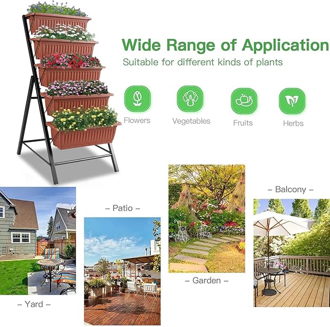 Homdox 2 Pack Elevated Garden Bed 5-Tier Freestanding Vertical Raised Bed for Gardening 5 Garden Planter Boxes and 5 Hooks Perfect to Grow Vegetables Herbs Flowers Outdoor Indoor Brick Red