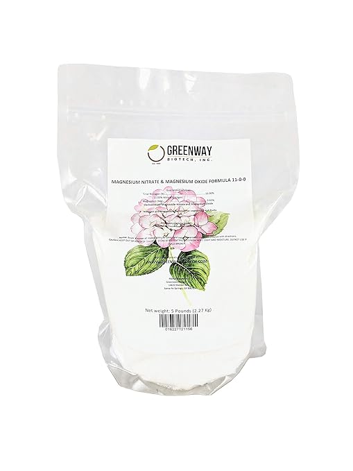Greenway Biotech Inc. Brand Magnesium Nitrate and Magnesium Oxide Formula Fertilizer for Hydroponics and Soil (11-0-0) - 100% Water Soluble Promotes Plant Growth and Soil Health (5 Pounds)
