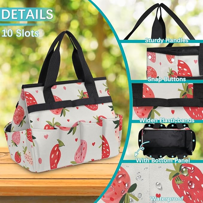 Strawberries Gardening Tool BagHeavy Duty Garden Tote BagPortable Oxford Gardening Storage Basket Organizer Handbag with Pockets HandleHand Tools Gifts for Outdoor Garden Lawn Yard