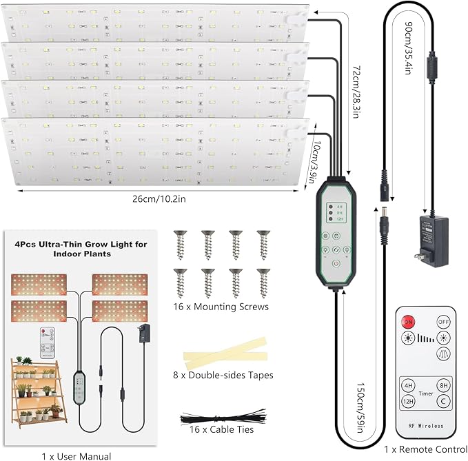 Grow Light 40W Ultra-Thin LED Grow Lights for Indoor Plants Full Spectrum 4/8/12H Timer Plant Light Panel 304 LEDs Under Cabinet Plant Growing Lamp Strip Panel for Seedlings Veg Flowers (4pcs)