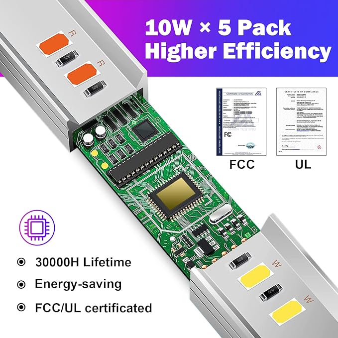LED Plant Grow Light Strips - Anpro Grow Lights for Indoor Plants with Separate Switch 5 x 10W Auto On &amp Off Timer 4 Dimmable Levels T5 Plant Lights(16.5 Inches) Plug and Play 5-Pack