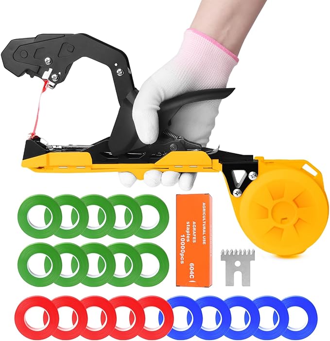 Cekegon Plant Tying Machine 420g Tapener Tying Tool Plant Tying Tool with 10000pcs Staples 20 Rolls Tape (Yellow)