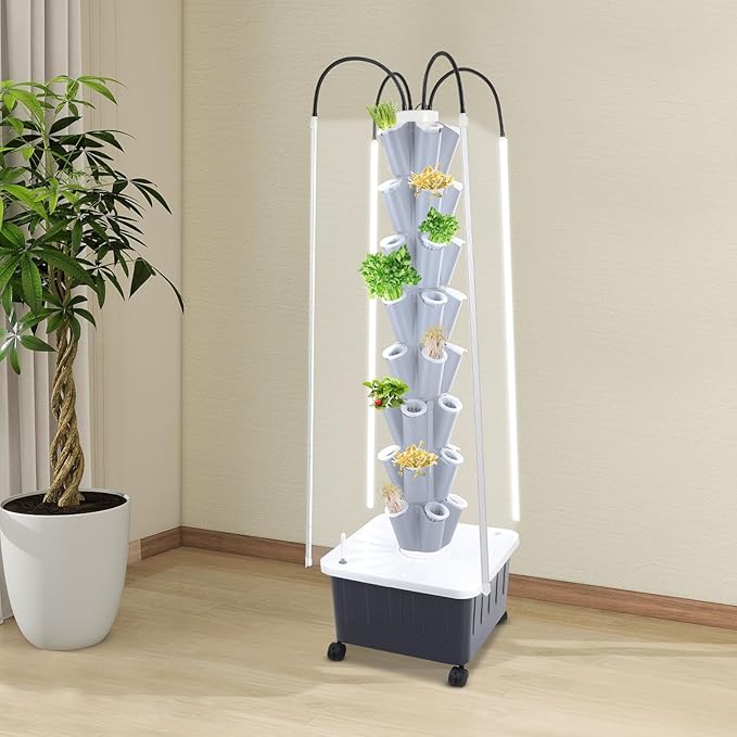 Hydroponic Growing System with Grow Lights 8 Layers Indoor Gardening System Vertical Planter Tower with 40 Pots for Vegetables Herbs (Grey)