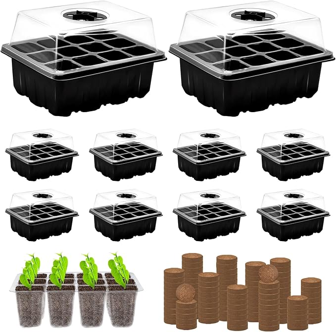 ZeeDix 10 Set Seed Starter Tray Kits 10 Pack Seed Trays with 120 Pack Coco Coir Pellets Adjustable Humidity Germination Tray with Dome Lids for Indoor Plants Mini Greenhouse for Vegetables Garden