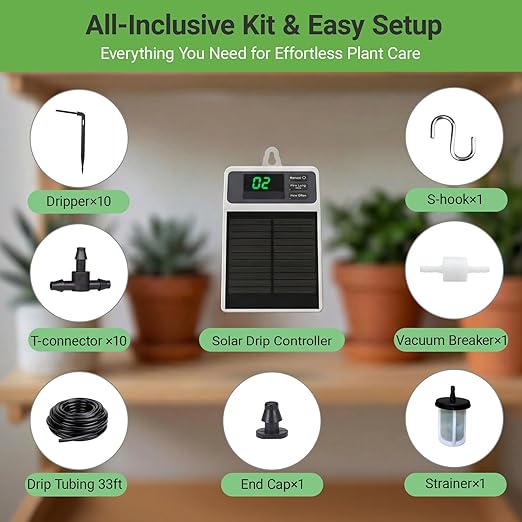 Automatic Solar drip Irrigation System (Solar/USB-C Dual Power) DIY Solar Watering System with Programmable Timer for 15 Potted Plants IPX5 Auto Watering Kit for Indoor Balcony Garden &amp Vacati