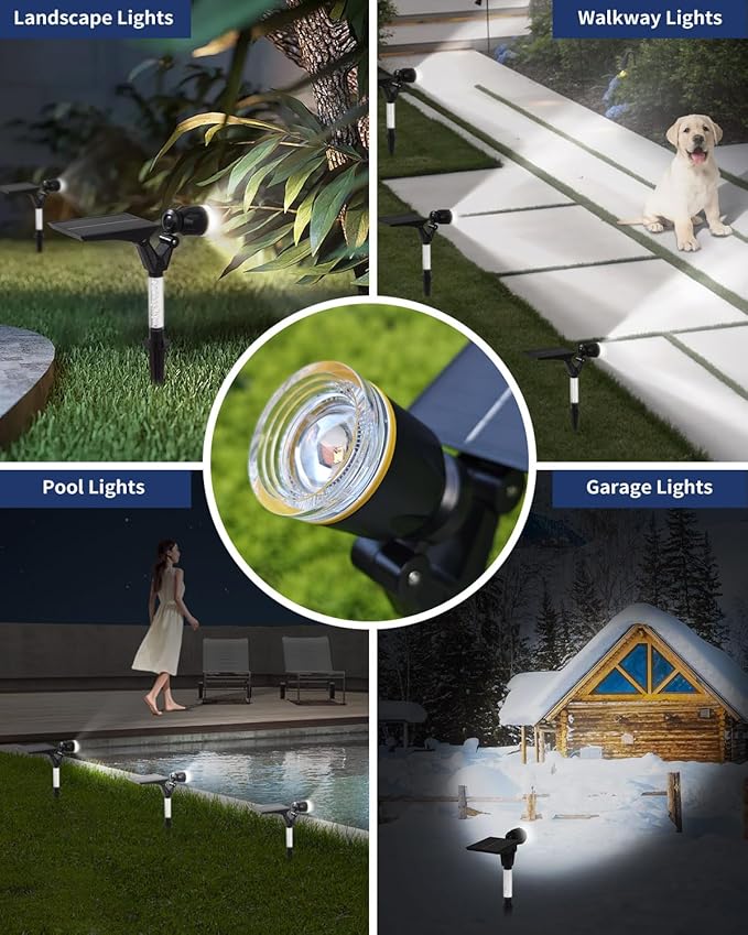 Solar Spot Lights Outdoor Waterproof IP65 180 Lumens 5000K Cool White Solar Powered Outdoor Lights Smart Circuit for All-Night Illumination Outdoor Solar Lights for Yard House Garden Pathway 4PK