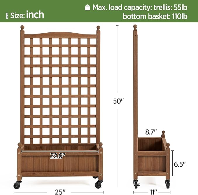 Topeakmart Wood Garden Raised Bed Lattice Vine Climbing Plant Box Pot with Trellis &amp Rolling Wheels for Garden Yard Outdoor Easy Movable