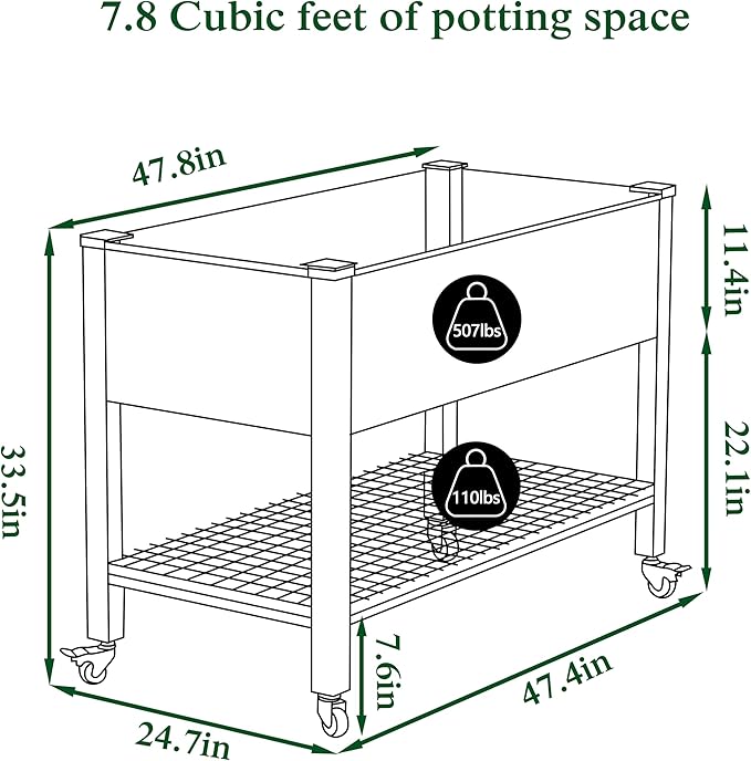48 W x 24 D x 34 H Galvanized Raised Garden Bed with Lockable Wheels Raised Garden Beds Outdoor with Drainage Gaps &amp Shelf Planter Boxes Outdoor for Backyard Patio Balcony Grey