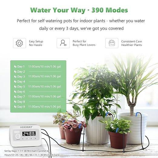 82FT Automatic Plant Watering System–HEKIWAY 390 Adjustable Watering Modes Supports 25-36 Pots | Indoor Garden System &amp Vacation Plant Watering Devices Auto Watering for Plants Outdoor