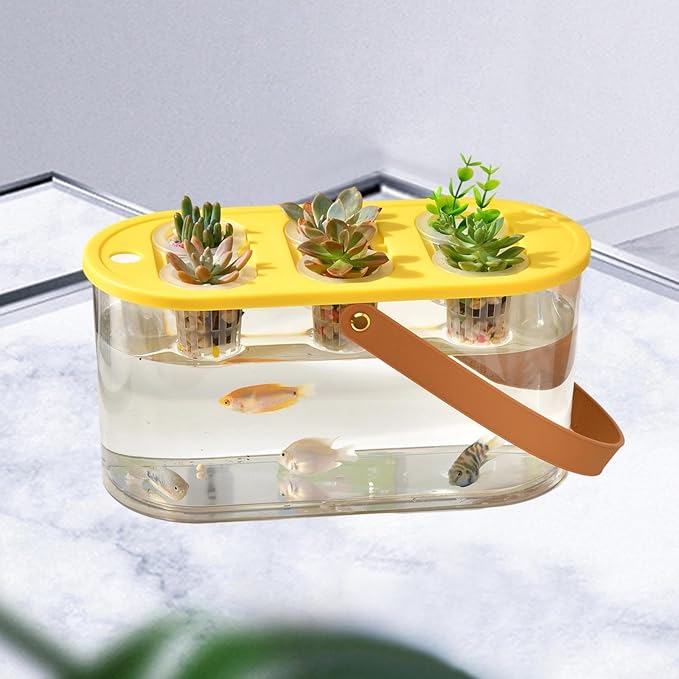 Hydroponic Grower Box and Handle 6 Holes Transparent Hydroponic Planting Box for Plants and Fish Home Cultivating Yellow