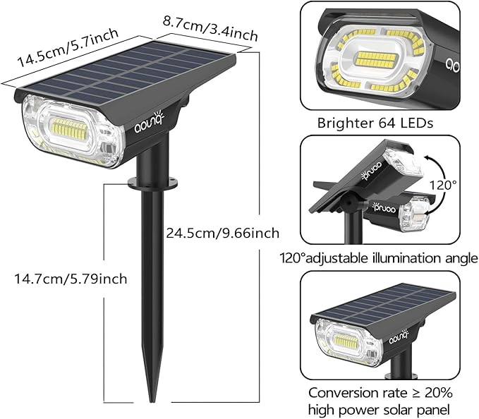 Solar Spot Lights Outdoor 1000 Lumens 64 LEDs IP67 Waterproof Landscape Lighting with 4 Modes - 2-in-1 Solar Spotlight &amp Pathway Light for Garden Yard Patio Decor 4 Pack
