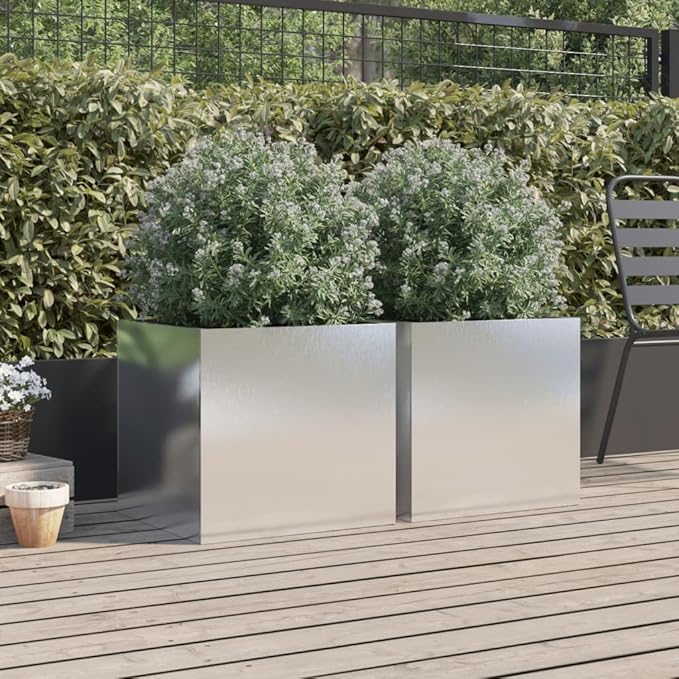2-Pack Silver Stainless Rectangular Planter 18.5x19.3x18.1 in Balcony Patio Indoor Garden Box
