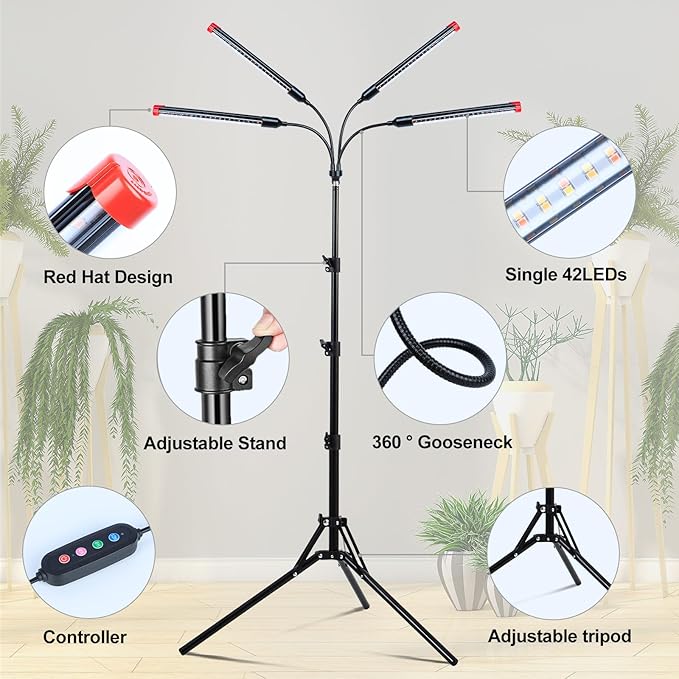 4Head Grow Light with Stand for Tall Indoor Plants Bonsai Tree Bright Full Spectrum Plant Growing Lamps 4/8/12/16/20H Timer 36 Watt Power Draw NO Need Adapter 360° Gooseneck