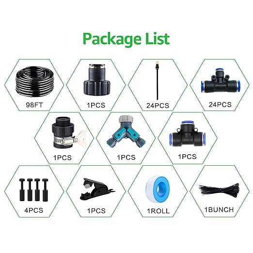 98FT Drip Irrigation Kits with Quick ConnectorAutomatic Irrigation System with Replaceable 360-degree Bending Dropperatomizing Copper Nozzle for Watering System for Garden Plant Lawn Patio.