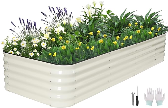 5 in 1Galvanized Raised Garden Bed - 8x3x1.4ft Modular Garden Planter Bed Outdoor | Steel Raised Bed Kit with Bracing Rods Gloves for Gardening Vegetables Fruits and Flowers - White