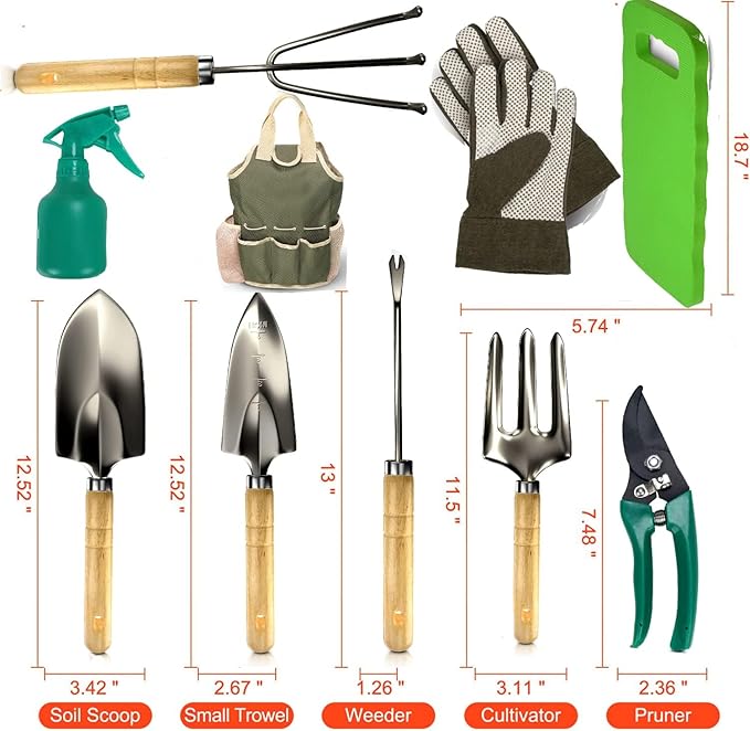 Scuddles Premium Gardening Kit for Women – 10 Stainless Steel Tools with Ergonomic Handles Tote Bag Kneeling Pad Shears Gloves Rake Trowel &amp Shovel – Garden Set for Planting Pruning &amp G