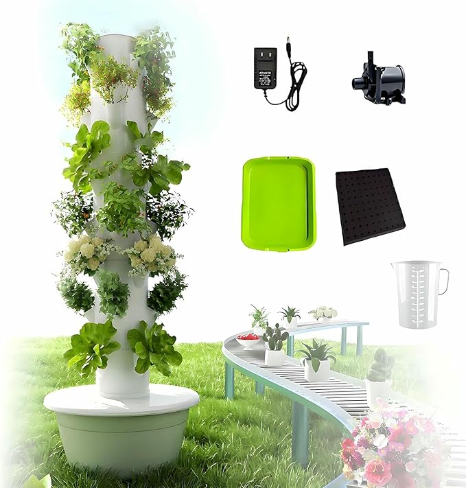 Hydroponic Tower Garden Hydroponic Growing System Vertical Tower with Movable Water Tank for Indoor Herbs Fruits and Vegetables Gardening Lover -*
