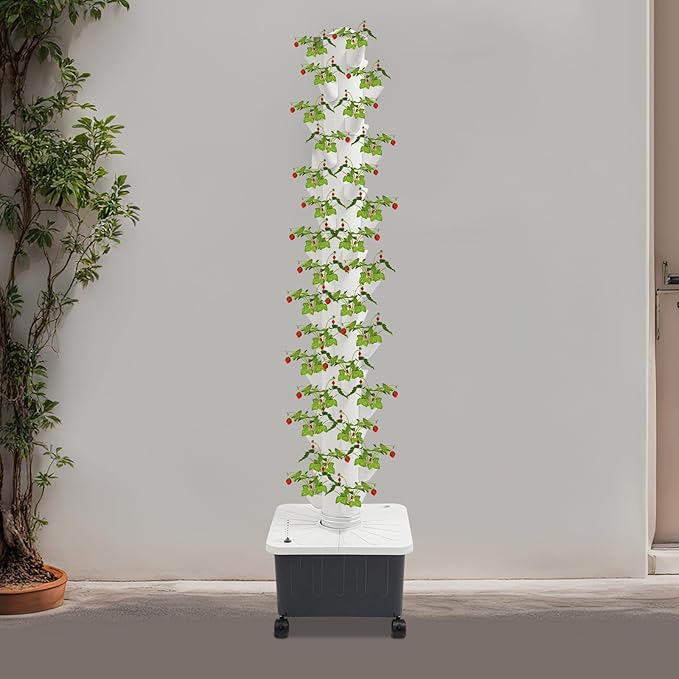 Vertical Hydroponic Growing System 15 Tier Moveable Hydroponic Garden Tower with 45 Planting Baskets Automatical Agrotonomy Tower Garden Kit with Water Tank Water Pump Adapter Water Level Gauge.