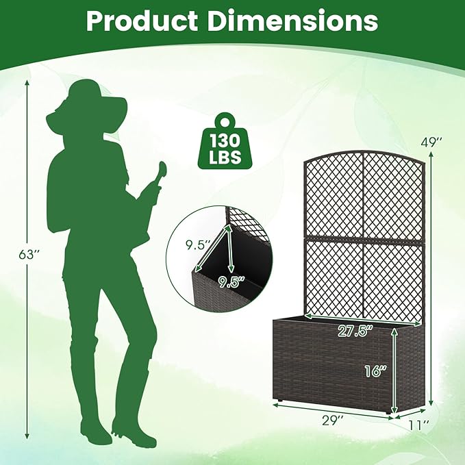 HAPPYGRILL Raised Garden Bed with Trellis 49 Wicker Planter Box w/Privacy Screen Liner Drainage for Patio Balcony Outdoor PE Rattan Elevated Garden Bed for Climbing Plant Vine Flower (Brown2)