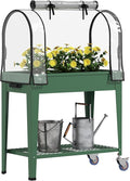 Outsunny Raised Garden Bed with Greenhouse Cover Large Metal Outdoor Elevated Planter Box with Lockable Wheels Storage Shelf and Drainage Hole for Vegetables Flowers Herbs Green