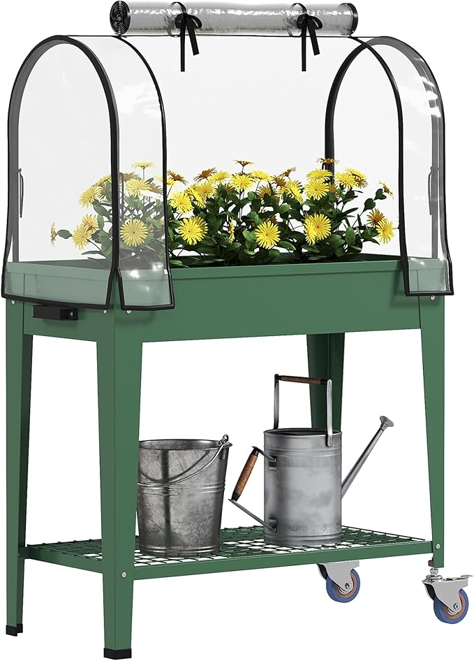 Outsunny Raised Garden Bed with Greenhouse Cover Large Metal Outdoor Elevated Planter Box with Lockable Wheels Storage Shelf and Drainage Hole for Vegetables Flowers Herbs Green