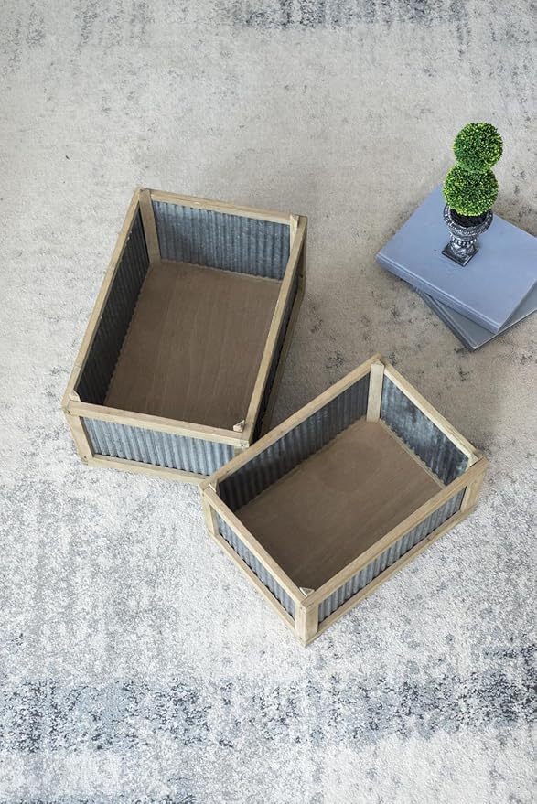 Set of 2 Rectangular Rustic Planter L:20x14x11.5 S:17x12x10