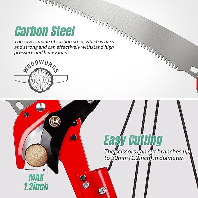 Suchtale Manual Pole Saw Pruning Saw Tree Pruner with Steel Blade &amp Scissors Tree Trimmer for High BranchesPalms and Shrubs 14FT Extendable Long Handle Limb Cutter Yard Garden Branch Trimmin