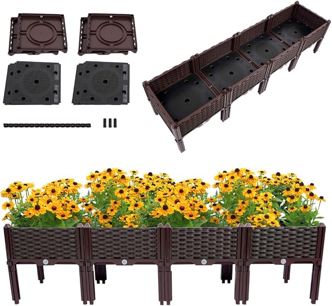 Cashewnuts 4 PCS Raised Garden Bed with Legs Planter Raised Beds Kits with Drain Holes Plastic Raised Beds for Gardening Indoor Outdoor Planting